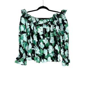 NWT Christy Lynn Regina Off The Shoulder Green and Black Floral Blouse SMALL